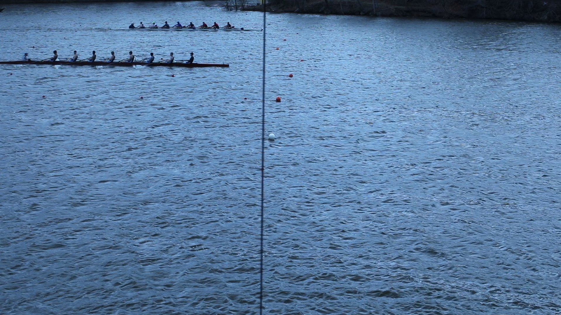 Official finish line photo taken from the officials' booth at
Sandy Run Regional Park in Fairfax Station, Va. during Race 42, the men's
first eight, on Saturday, April 1. Thomas Jefferson High School finished in
five minutes and 47 seconds, edging Walt Whitman for first.